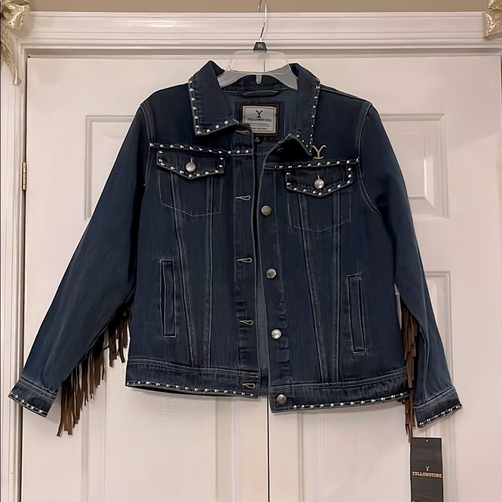 NWT! Yellowstone Dark Blue Denim Jacket with Fringe Trim Size M!